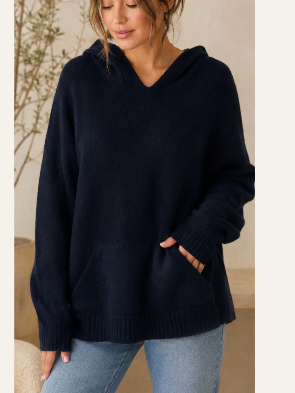 Made in Italy Soft Navy Hooded V-Neck Knit Sweater